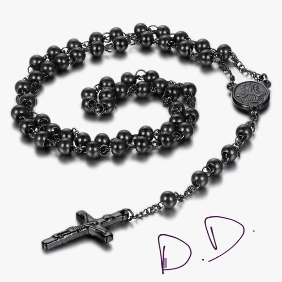 Beaded Black Rosary Necklace with Cross Pendant - Picture 4 of 4
